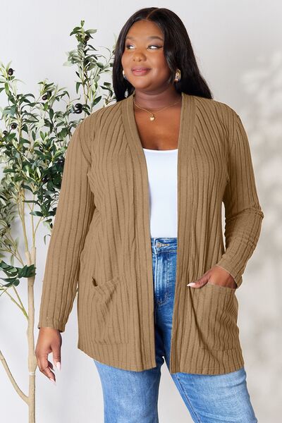 Basic Bae Full Size Ribbed Open Front Cardigan with Pockets Trandify deal