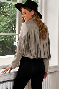Fringe Trim Lapel Collar Cropped Blazer - Trandify Deal
