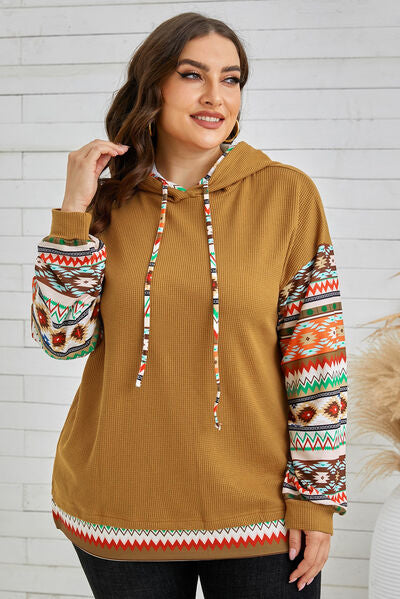 Plus Size Waffle-Knit Geometric Dropped Shoulder Hoodie Trandify deal