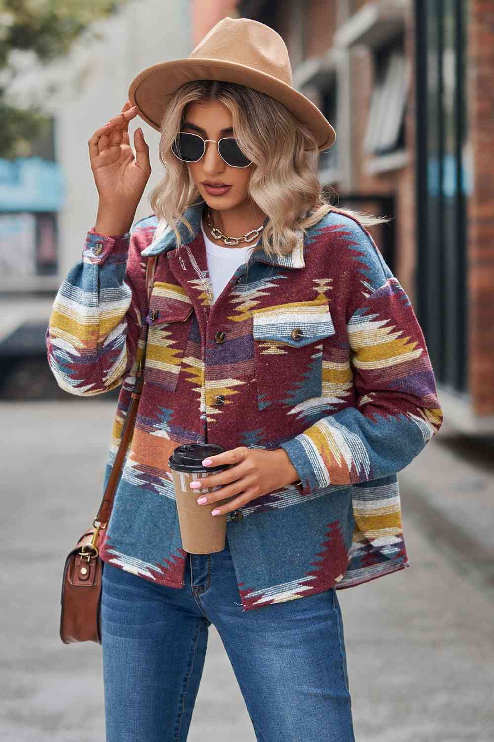 Printed Collared Neck Jacket Trandify deal