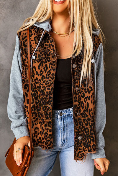 Leopard Distressed Drawstring Hooded Denim Jacket Trandify deal