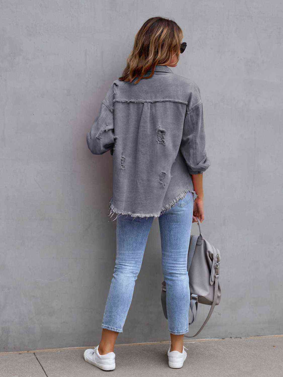 Distressed Drop Shoulder Denim Jacket - Trandify Deal