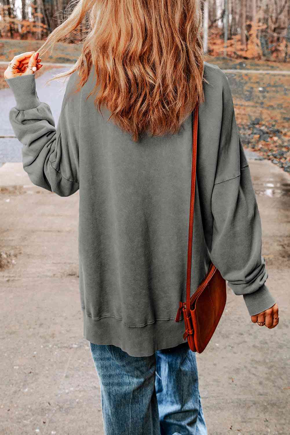 Dropped Shoulder Round Neck Long Sleeve Blouse Trandify deal