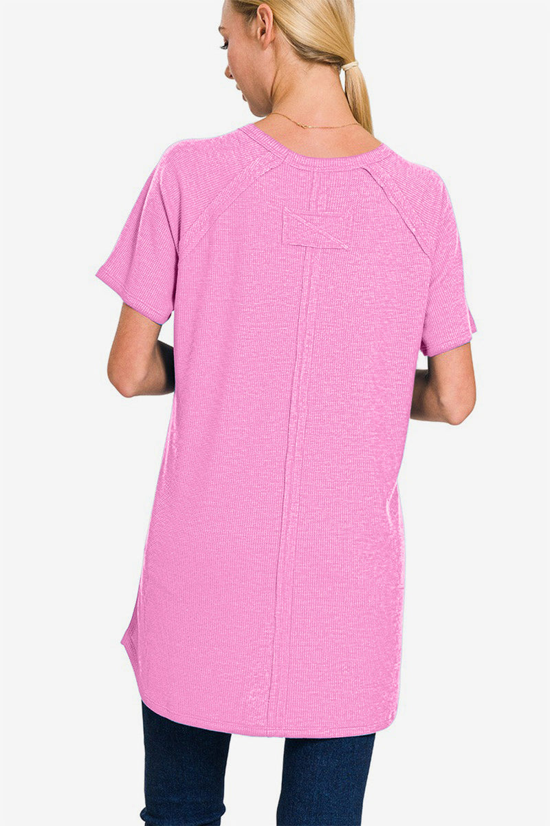 Zenana Slit Round Neck Short Sleeve Waffle Top Trandify deal