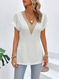 Slit Eyelet V-Neck Short Sleeve Blouse Trandify deal