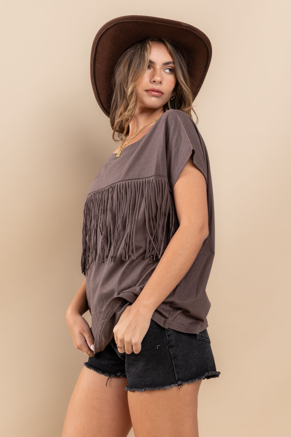 Ces Femme Fringe Detail Round Neck Short Sleeve Top Trandify deal
