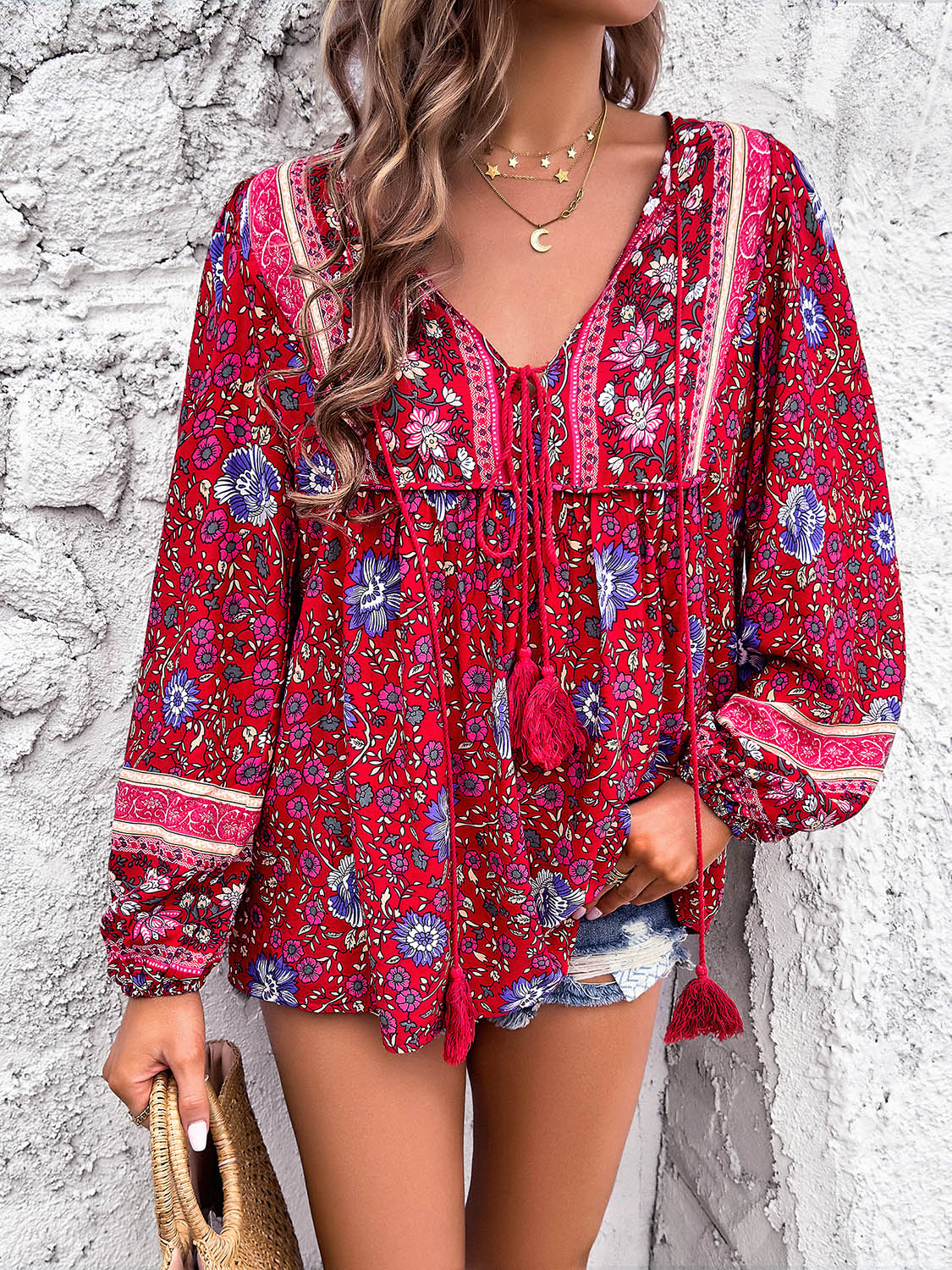 Devine Printed Tie Neck Long Sleeve Blouse Trandify deal