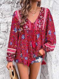 Devine Printed Tie Neck Long Sleeve Blouse Trandify deal
