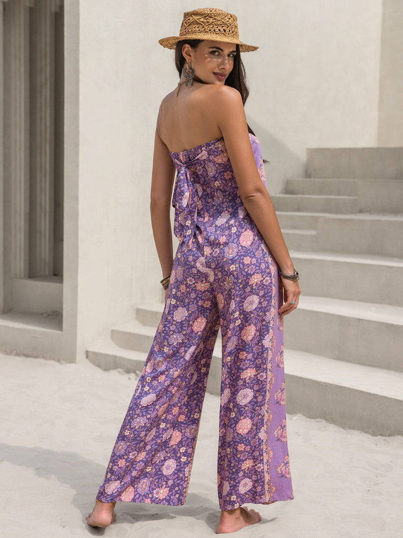 Tied Printed Tube Wide Leg Jumpsuit Trandify deal