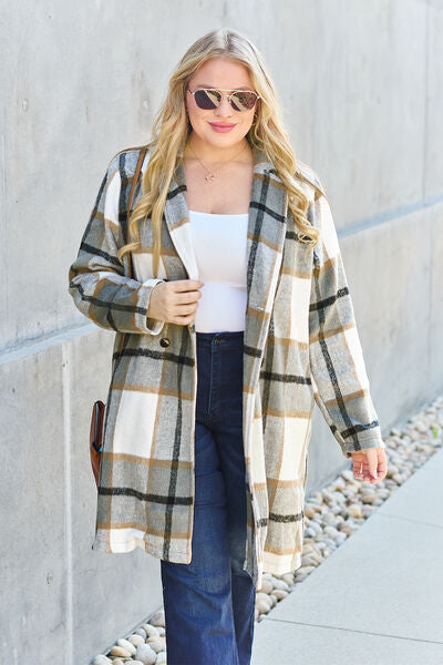 Double Take Full Size Plaid Button Up Lapel Collar Coat Trandify deal