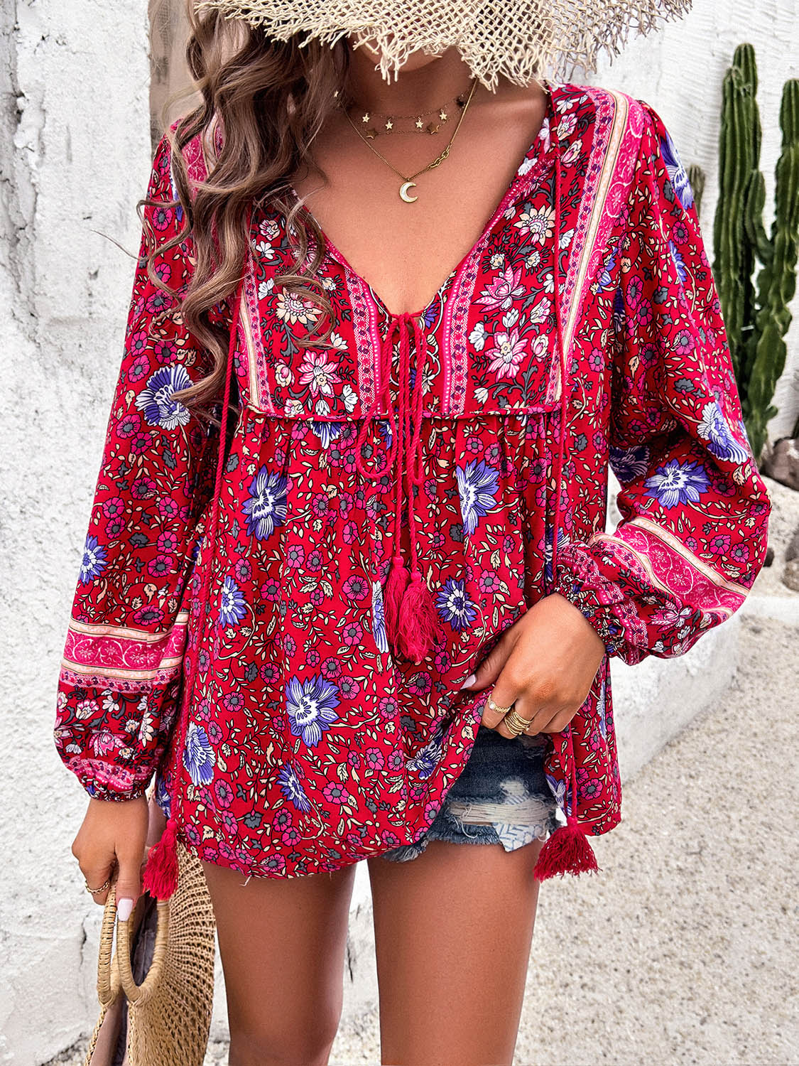 Devine Printed Tie Neck Long Sleeve Blouse Trandify deal