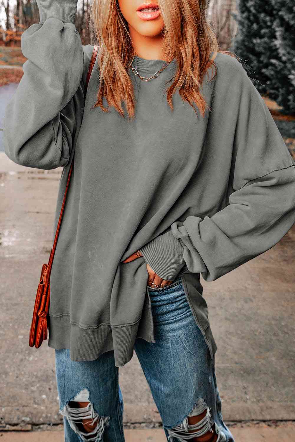 Dropped Shoulder Round Neck Long Sleeve Blouse Trandify deal