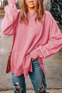 Dropped Shoulder Round Neck Long Sleeve Blouse Trandify deal