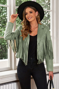 Fringe Trim Lapel Collar Cropped Blazer - Trandify Deal
