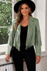 Fringe Trim Lapel Collar Cropped Blazer - Trandify Deal