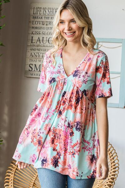 Heimish Full Size Floral V-Neck Short Sleeve Babydoll Blouse Trandify deal