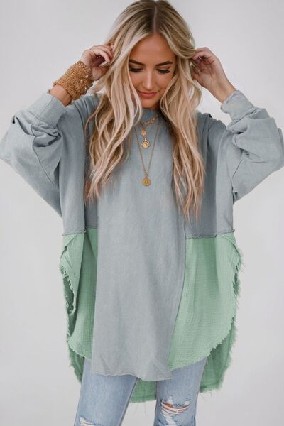 Contrast Texture Round Neck Long Sleeve Blouse Trandify deal