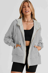 Zip Up Long Sleeve Drawstring Hoodie Trandify deal