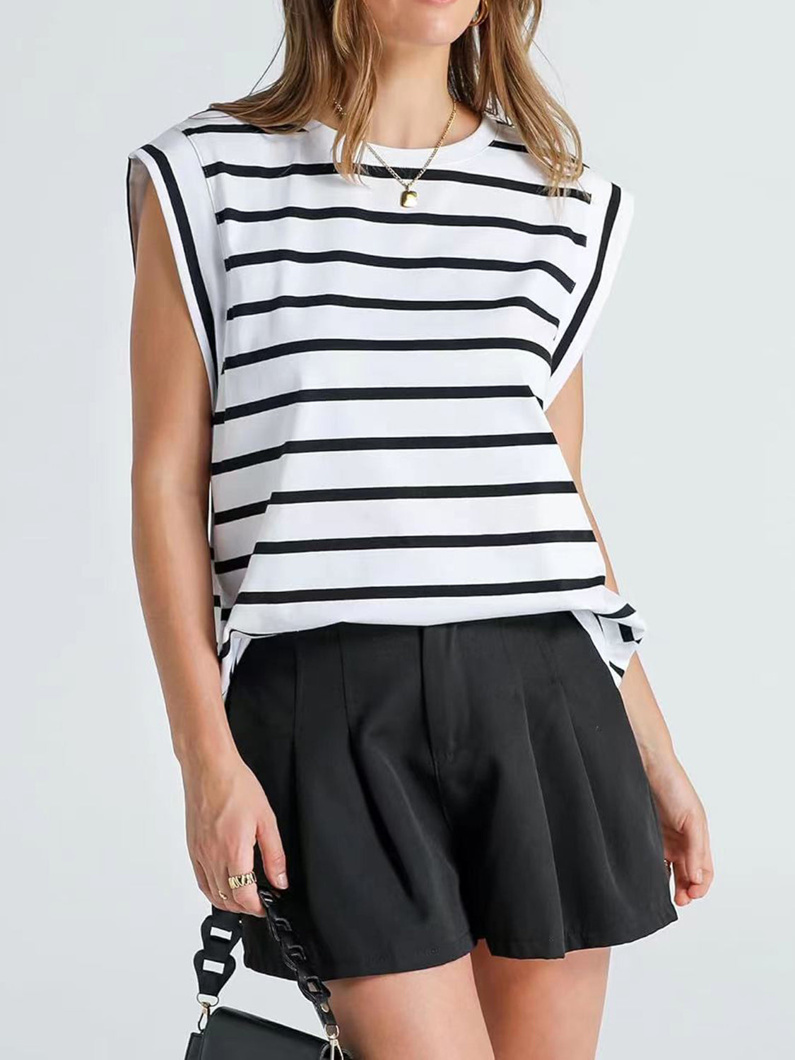 Striped Round Neck Cap Sleeve T-Shirt Trandify deal
