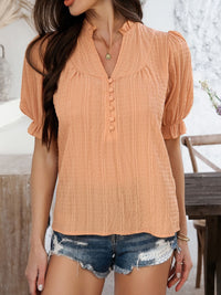 Women’s Devine Frill Notched Short Sleeve Blouse – Ruffled V-Neck Top for Casual & Office Wear