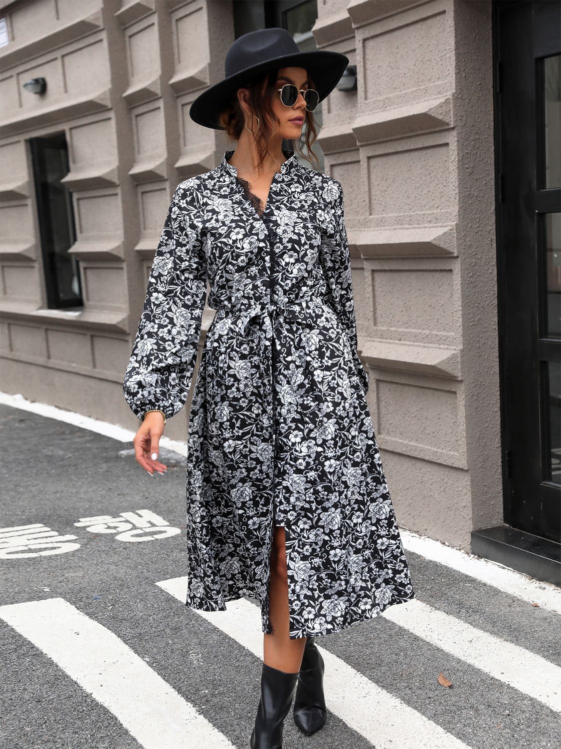 Perfee Lace Detail Printed Long Sleeve Midi Dress Trandify Deal