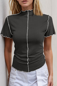 Basic Bae Contrast Trim Mock Neck Short Sleeve T-Shirt - Trandify Deal