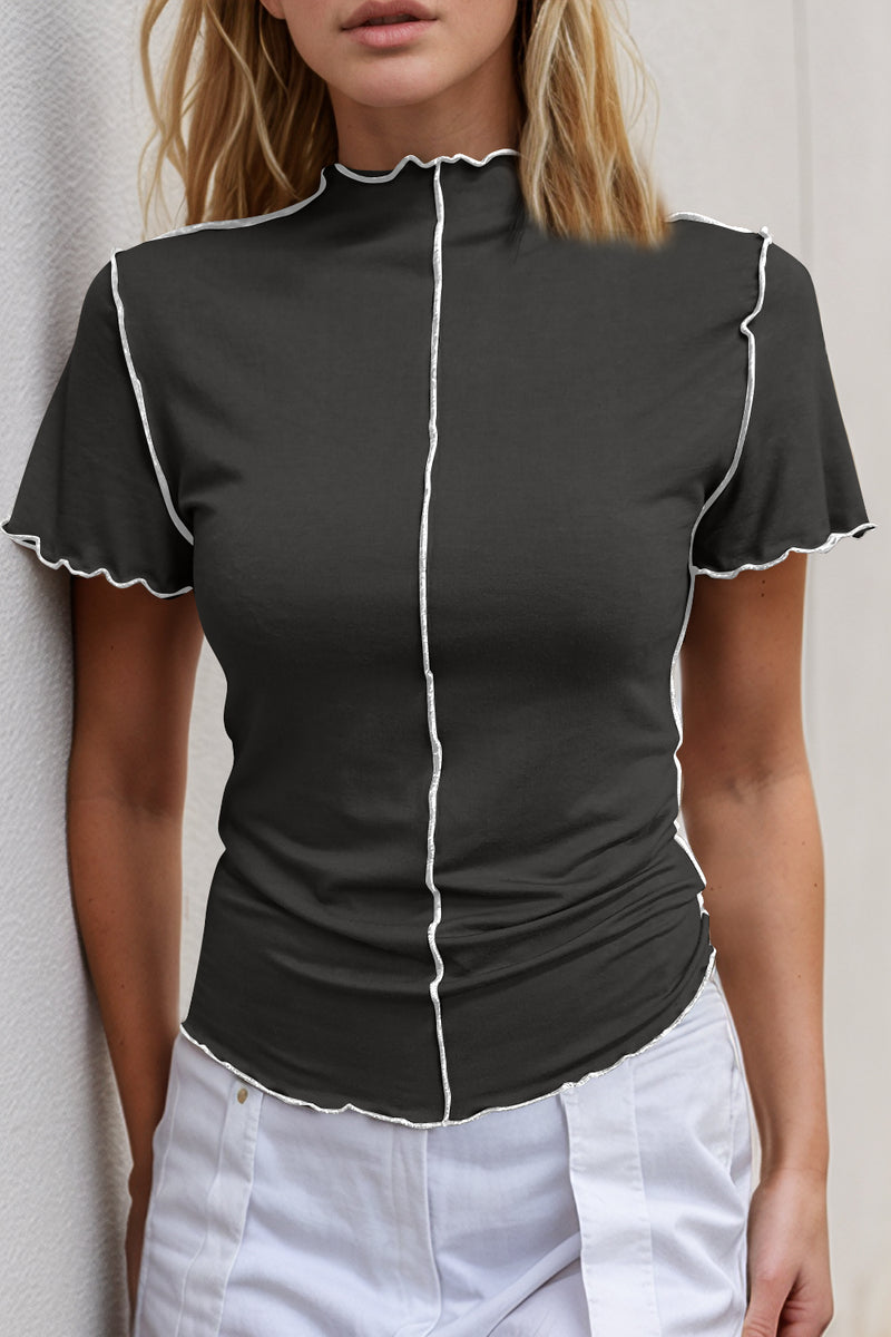 Basic Bae Contrast Trim Mock Neck Short Sleeve T-Shirt - Trandify Deal