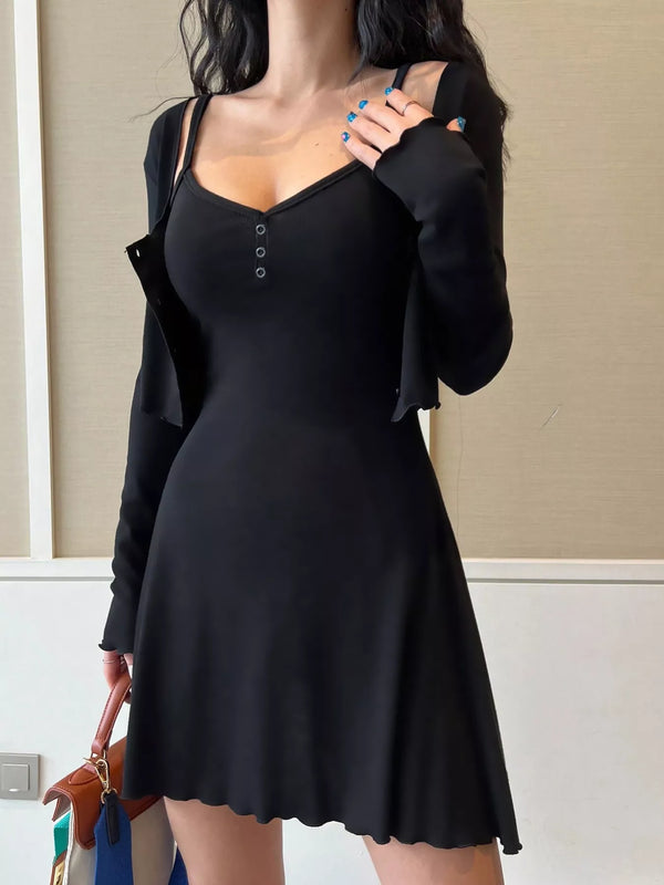 V-Neck Cami Dress & Cardigan Set | Casual Outfit