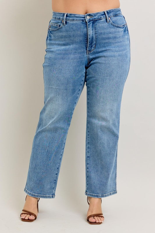 Plus Size Tummy Control Jeans: Vintage Wash Straight Leg