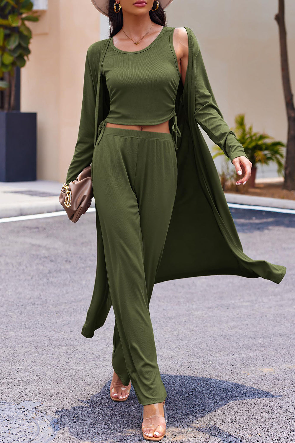 Drawstring Tank, Long Sleeve Cover Up and Pants Set Trandify Deal