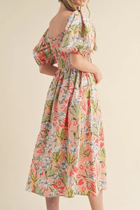 Floral Smocked Square Neck Puff Sleeve Midi Dress for Women – Summer Outfit USA