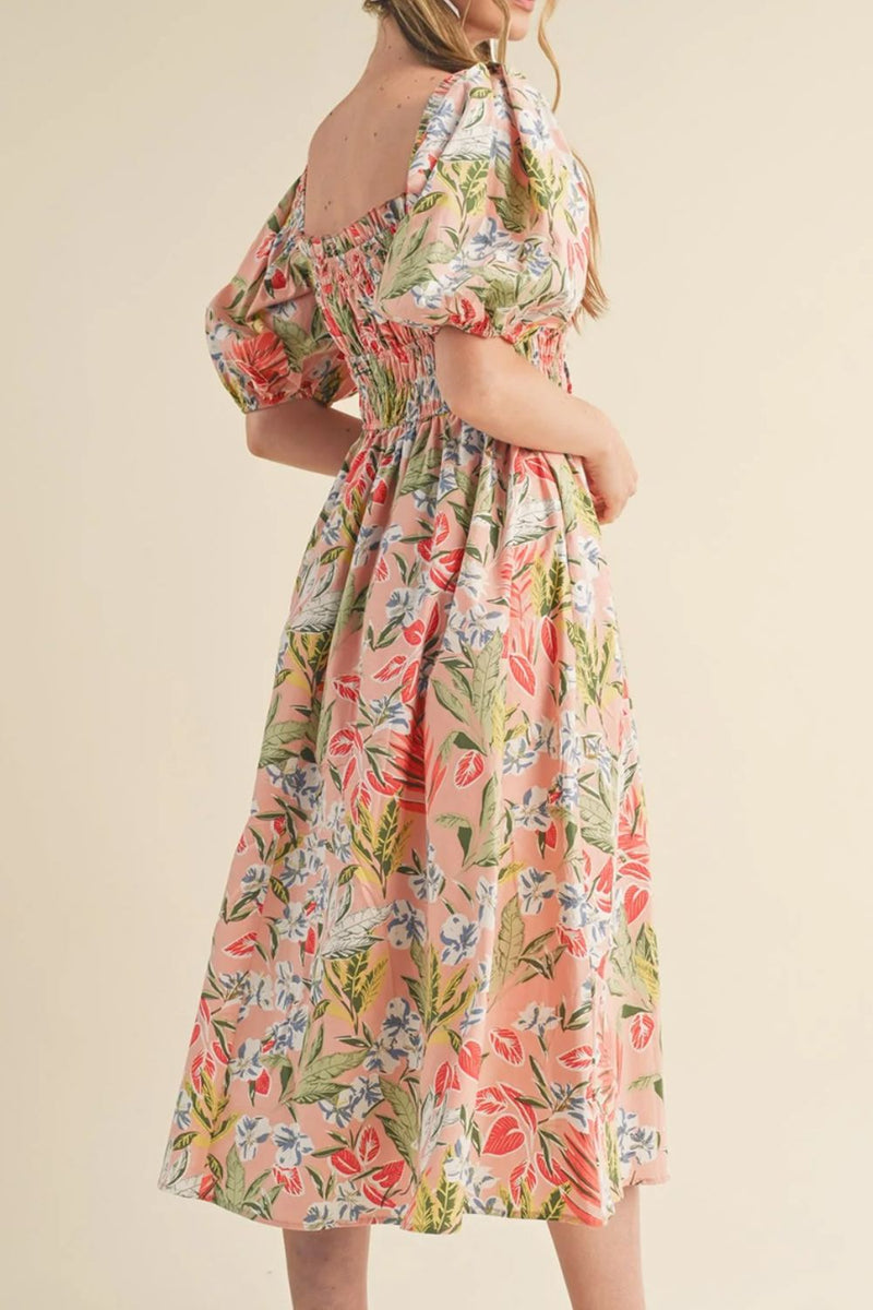 Floral Smocked Square Neck Puff Sleeve Midi Dress for Women – Summer Outfit USA