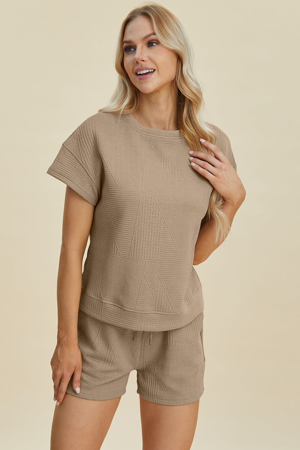 Double Take Full Size Texture Short Sleeve Top and Shorts Set Trandify deal