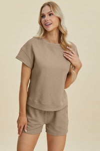 Double Take Full Size Texture Short Sleeve Top and Shorts Set Trandify deal