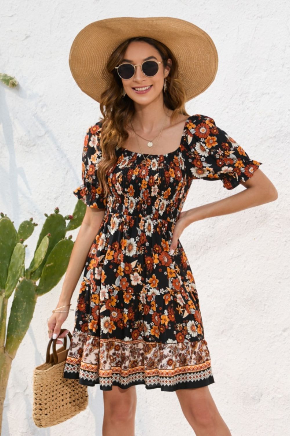 Printed Square Neck Short Sleeve Dress Trandify deal