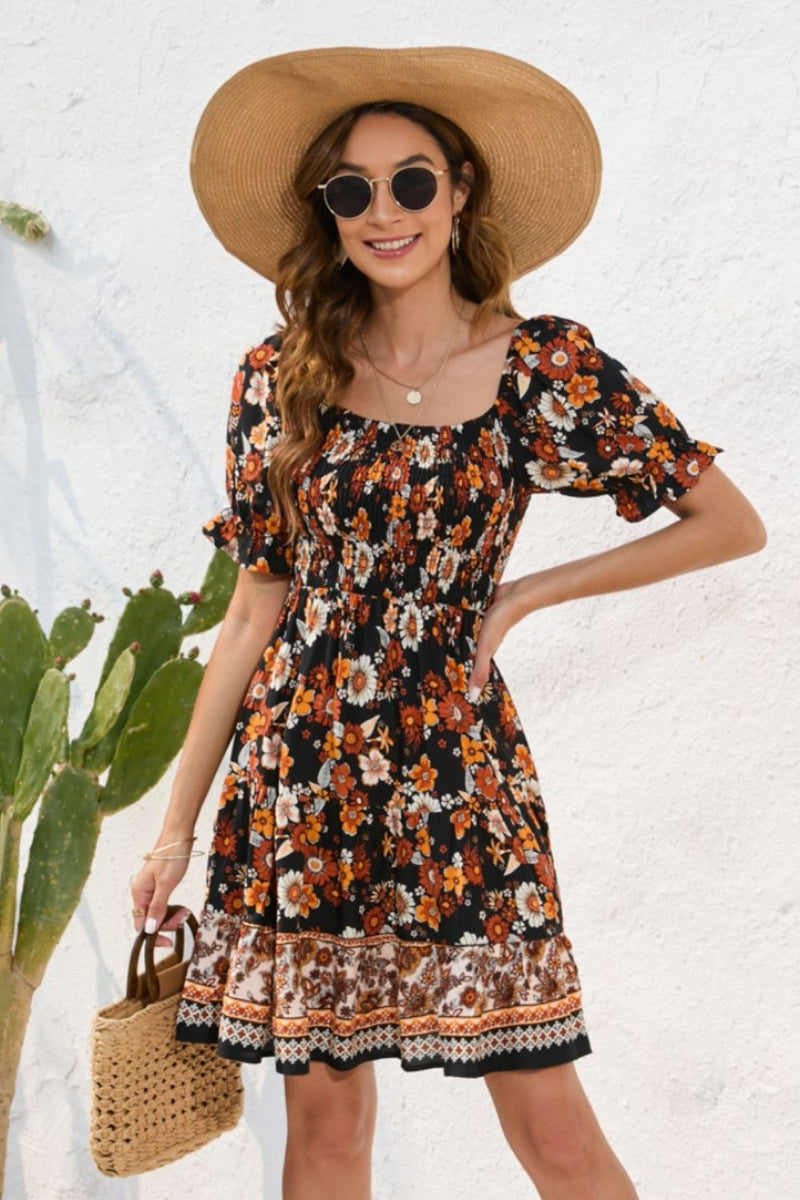 Printed Square Neck Short Sleeve Dress Trandify deal