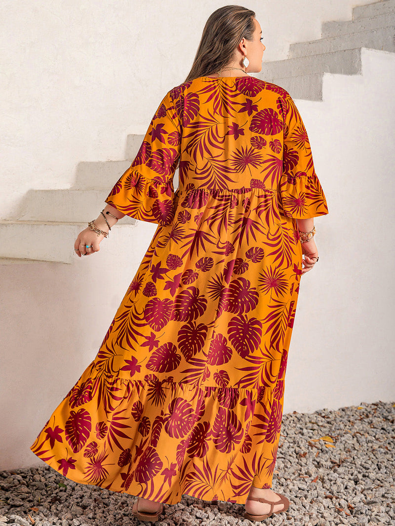 Plus Size Lace Detail Printed V-Neck Maxi Dress Trandify Deal