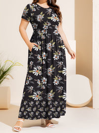 Plus Size Printed Round Neck Short Sleeve Maxi Dress Trandify Deal