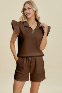 Double Take Texture Flounce Sleeve Top and Shorts Set - Trandify Deal