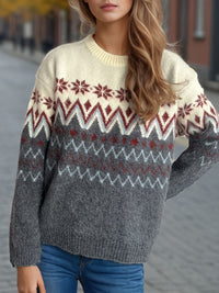 Chevron Contrast Round Neck Long Sleeve Sweater Trandify Deal