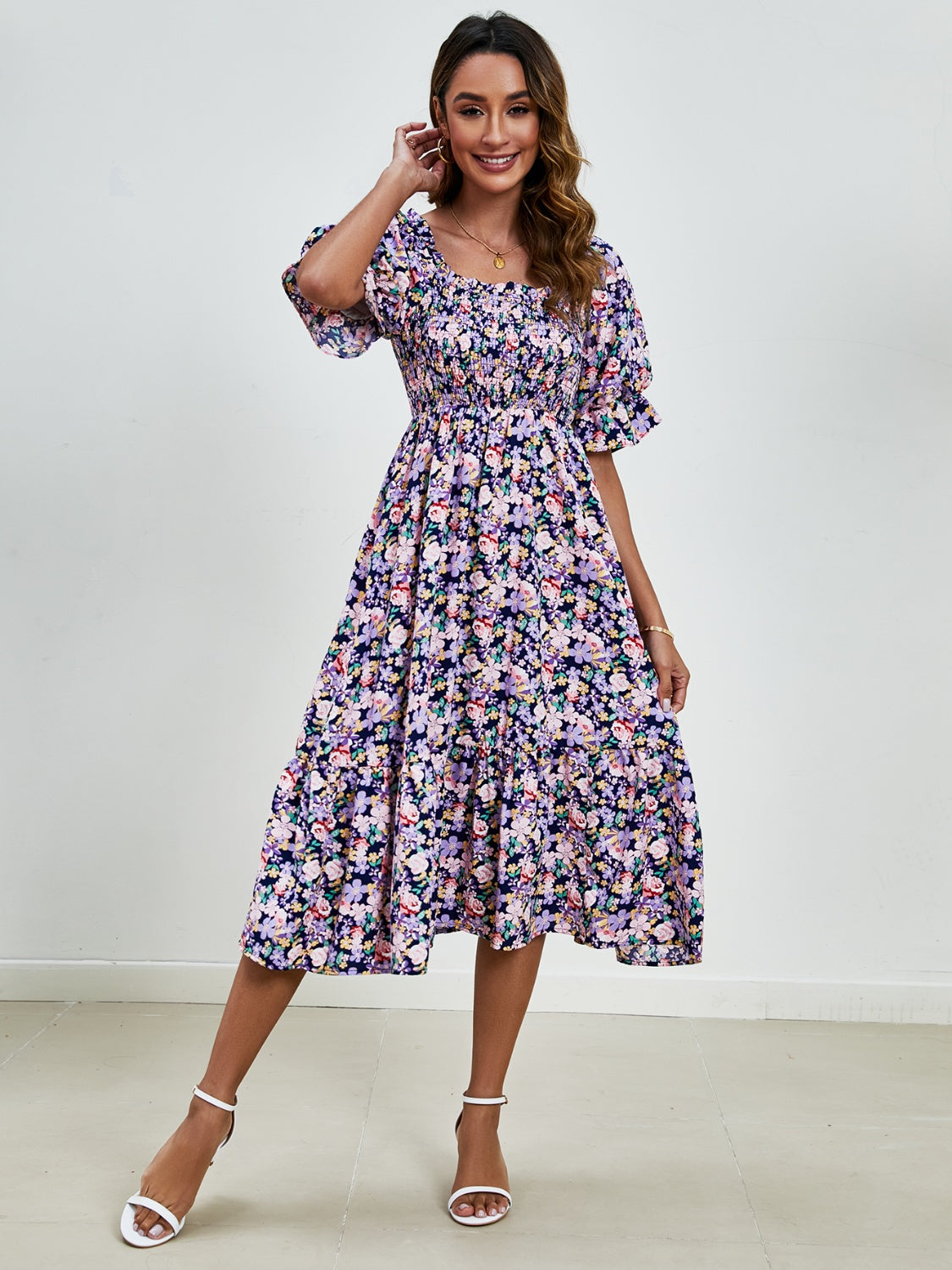 Smocked Floral Square Neck Short Sleeve Dress Trandify deal