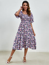 Smocked Floral Square Neck Short Sleeve Dress Trandify deal
