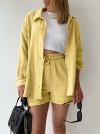 Texture Button Up Shirt and Drawstring Shorts Set Trandify deal