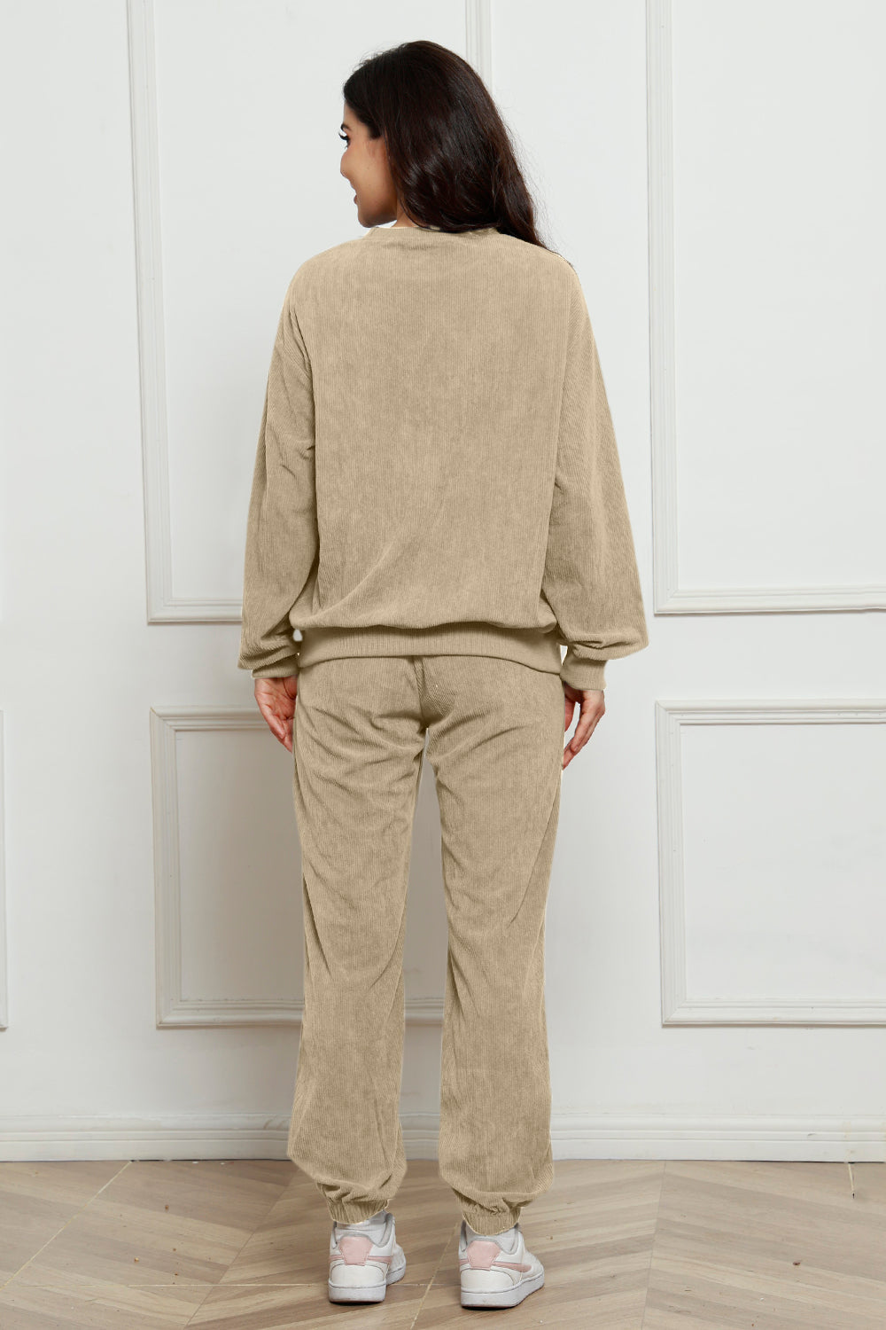 Corduroy Round Neck Sweatshirt and Sweatpants Set Trandify Deal