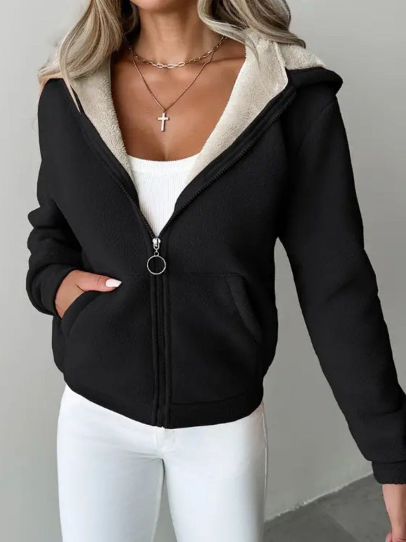 Full Size Zip Up Long Sleeve Hooded Outerwear Trandify Deal