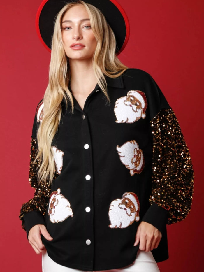 Women's Santa Christmas Sequin Shirt - Front view showing red sequin Santa design on a black long-sleeve top for holiday parties