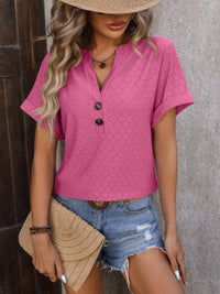 Mandy Eyelet Notched Short Sleeve T-Shirt Trandify deal