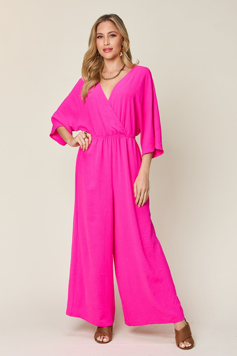 Double Take Full Size Surplice Wide Leg Jumpsuit with Pockets Trandify Deal