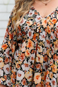Plus Size Floral V-Neck Balloon Sleeve Blouse Trandify deal