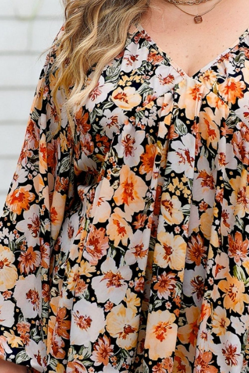 Plus Size Floral V-Neck Balloon Sleeve Blouse Trandify deal